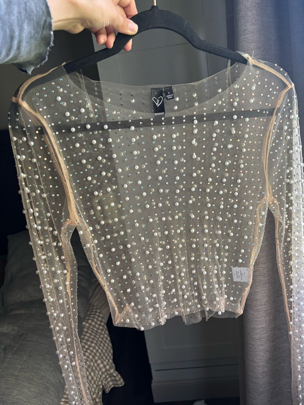 Windsor Sheer Nude Pearl-Embellished Long Sleeve Top